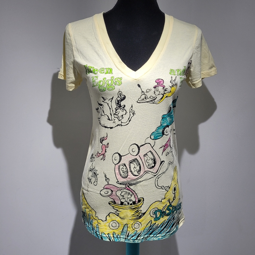 Dr. Seuss Women's Green Eggs and Ham Cotton Graphic V-Neck Tee Large Yellow